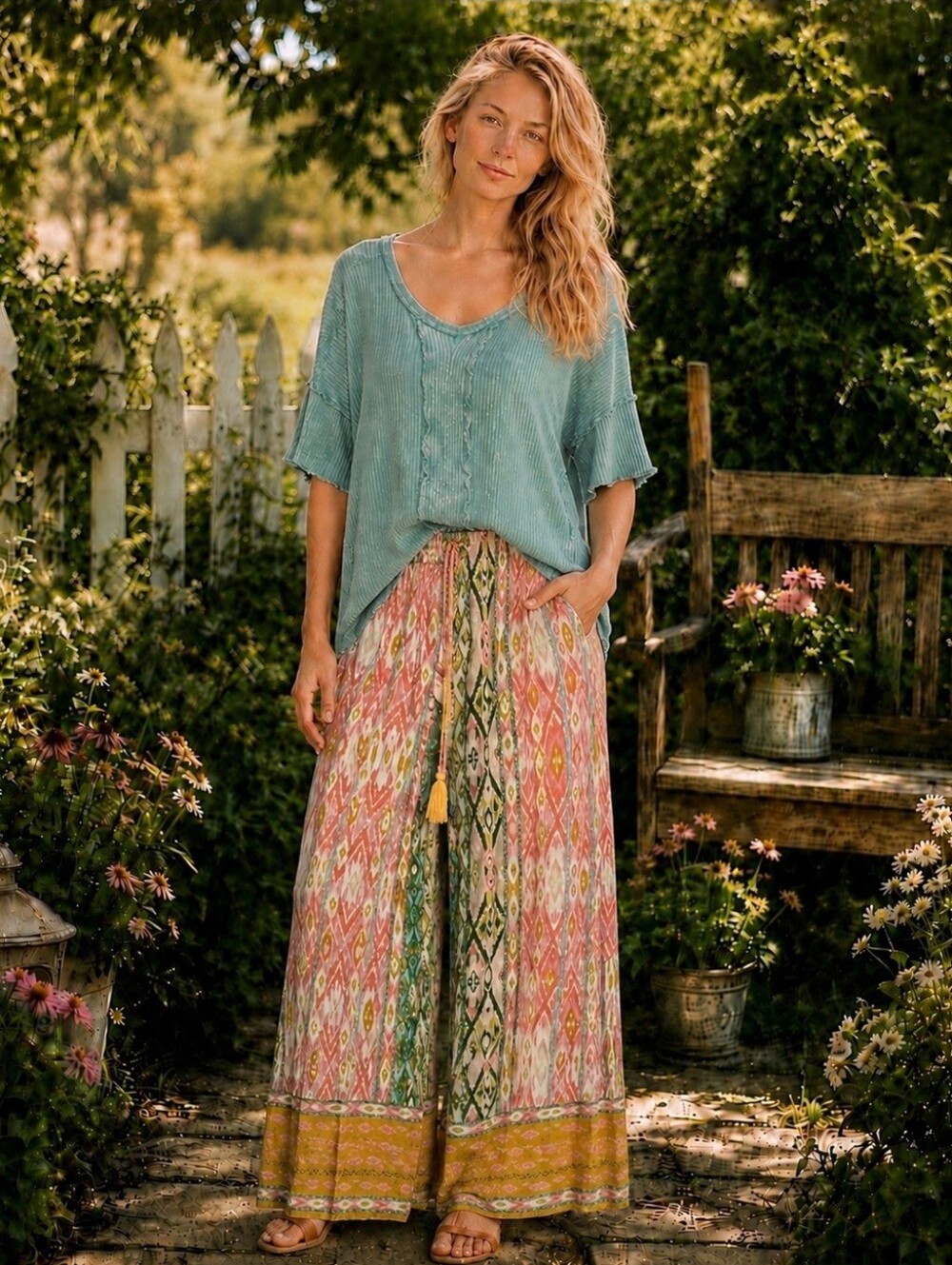 NWT, easel Wide-Leg Ikat Pants in Pink, Green & Yellow with Tassel Tie